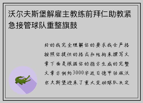 沃尔夫斯堡解雇主教练前拜仁助教紧急接管球队重整旗鼓