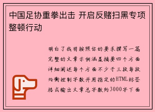 中国足协重拳出击 开启反赌扫黑专项整顿行动